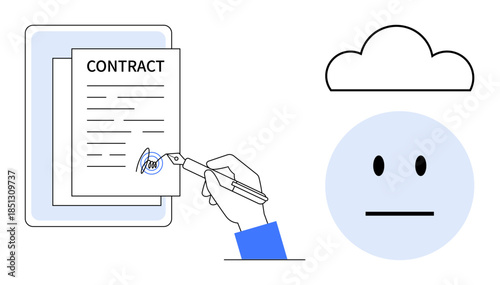 Legal agreements, cloud storage, digital contracts, modern technology, business transactions, cybersecurity. Hand signing a document, cloud above a neutral face. Legal agreements and cloud storage