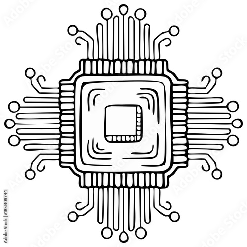 Hand Drawn Central Processing Unit Microchip with Circuits and Pins