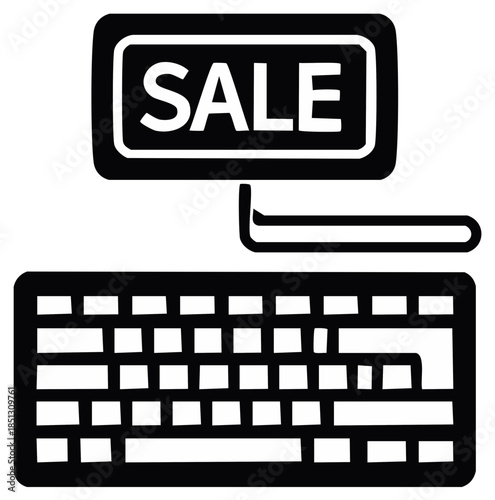 Online retail sale icon showing computer monitor with SALE text and keyboard