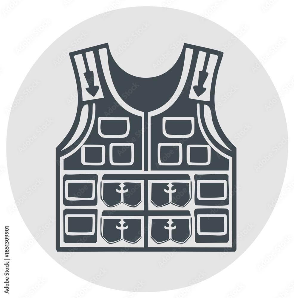 Obraz premium Vector drawing of tactical vest with pockets and arrows on light gray background