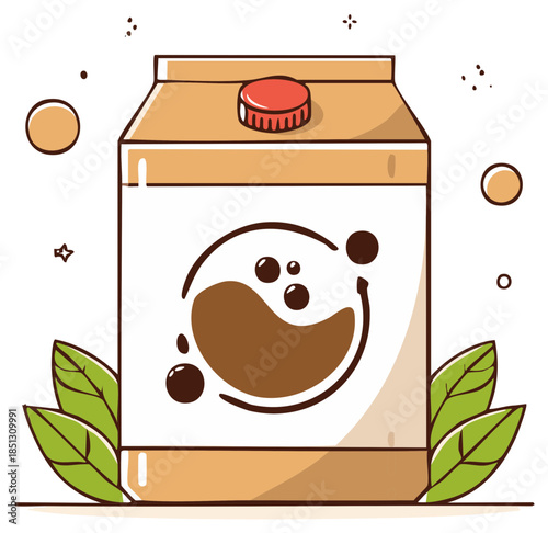 Cartoon illustration of a milk carton with a coffee design and green leaves.