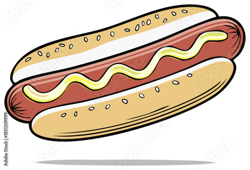 Illustration of a delicious hot dog with mustard on a bun