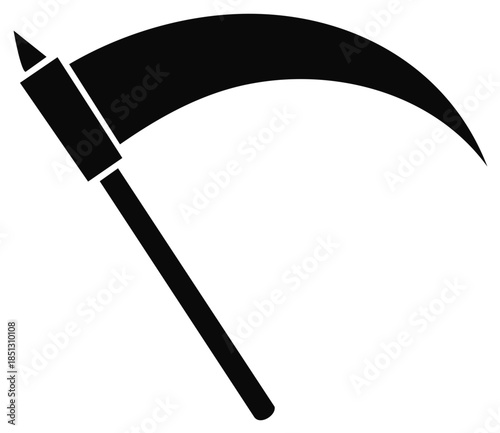 Black silhouette of a scythe with a long handle and curved blade