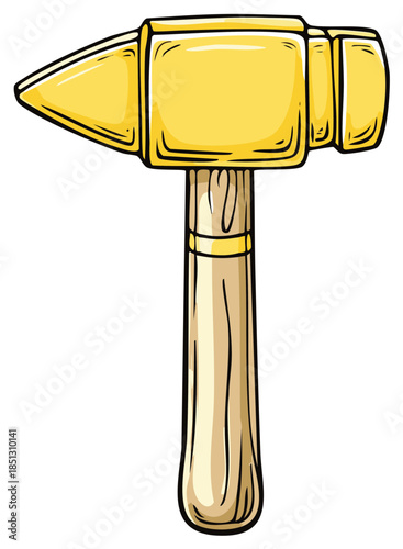 Cartoon illustration of a golden hammer with a wooden handle for craft and construction
