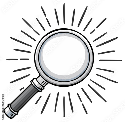 Magnifying glass with radiating light beams, symbol of discovery, investigation, and magnification