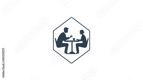 Two Business People Meeting and Discussing at a Table within a Hexagon Frame on Isolated White Background.