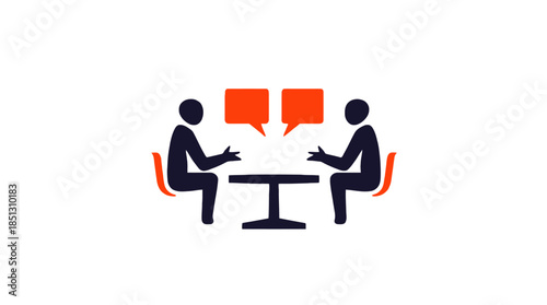 Two Business People Collaborating and Discussing at a Table with Speech Bubbles on Isolated White Background.