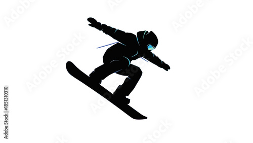 Silhouette of a Snowboarder in Mid-Air Performing an Aerial Trick on an isolated white background.