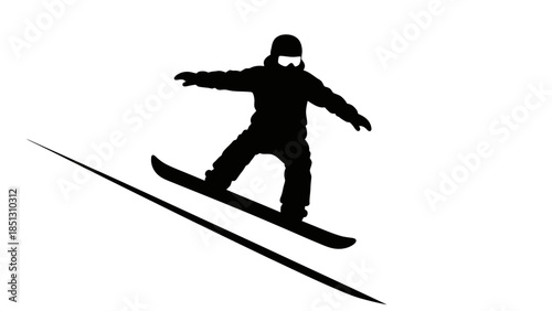 Dynamic Silhouette of a Snowboarder Actively Riding Downhill on an isolated white background.
