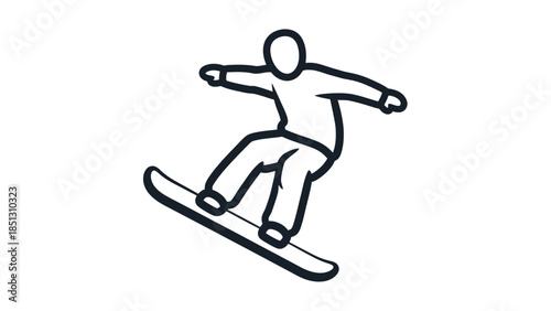 Outline stick figure snowboarding with dynamic action lines, presented on an isolated white background.
