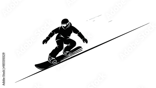 Energetic stick figure snowboarding down a steep snowy slope with dynamic speed, on an isolated white background.
