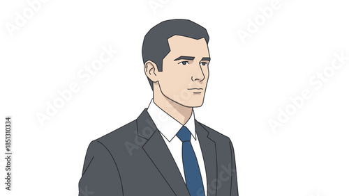 Serious businessman with a blue tie and dark suit, presented in a professional upper body portrait on an isolated white background.