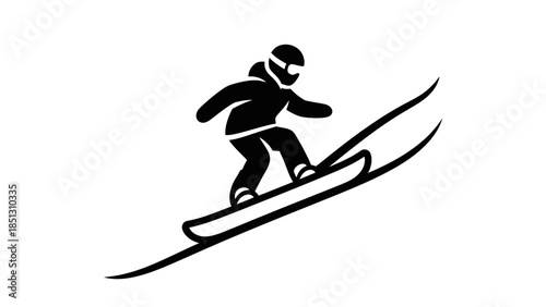 Stick figure skiing down a snowy slope with speed, depicted on an isolated white background.