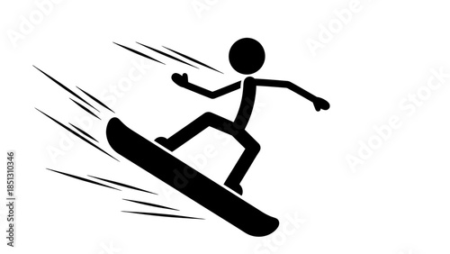 Stick figure snowboarding down a snowy slope, isolated white background.