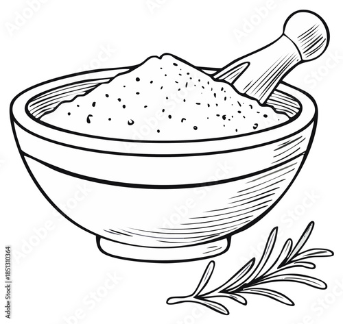 Line art illustration of a mortar and pestle filled with spices and a sprig of rosemary nearby