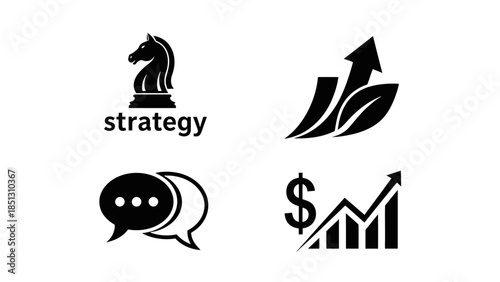 Business Strategy and Success Icons Set with Chess Knight, Upward Arrow, Chat Bubble, and Money Graph on Isolated White Background