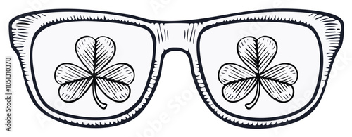 Engraving illustration of retro eyeglasses with lucky three leaf clovers for Saint Patricks Day