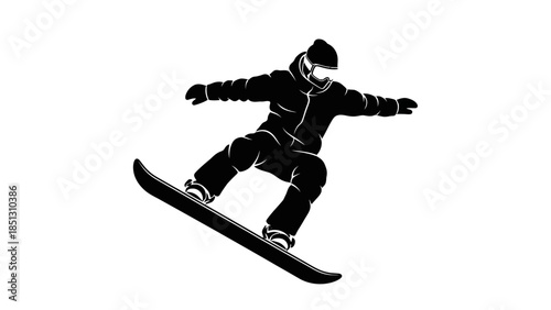 Energetic Snowboarder in Full Gear Executing a Turn or Jump on Isolated White Background