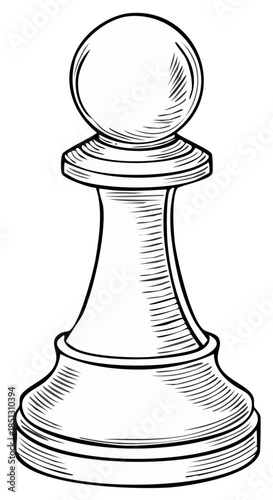 Classic chess pawn illustration with vintage scratchboard art style and hatching detail