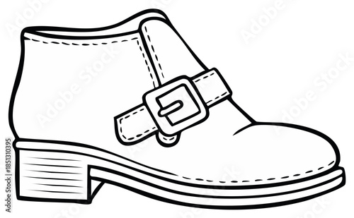 Hand Drawn Vector Illustration of a Ankle Boot with Buckle Clasp Black and White