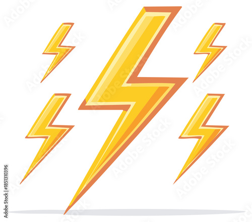 Collection of yellow cartoon lightning bolts symbol of power energy and electricity