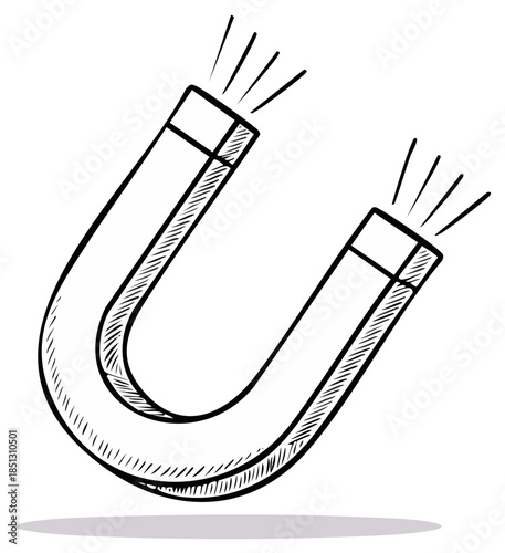Hand Drawn Black and White Horseshoe Magnet Doodle Illustrating Magnetic Attraction
