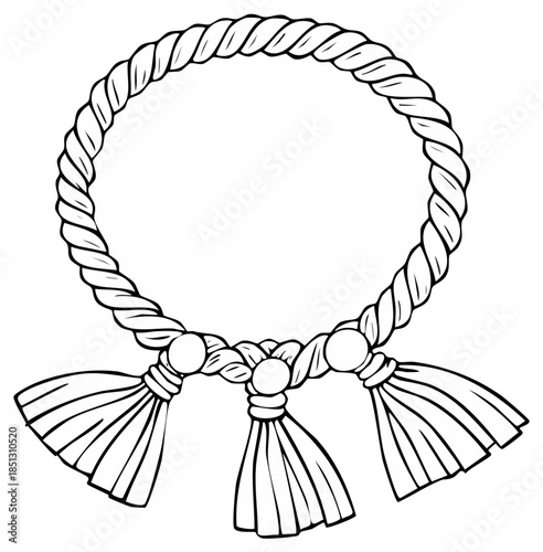 Japanese Shimenawa sacred ritual rope with decorative tassels line art illustration