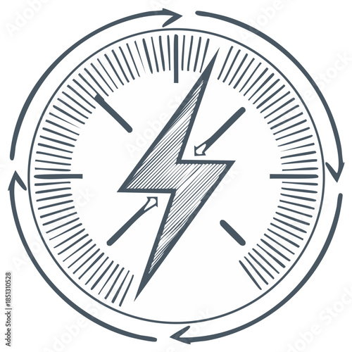 Hand Drawn Energy Meter with Lightning Bolt Symbol and Circular Arrows