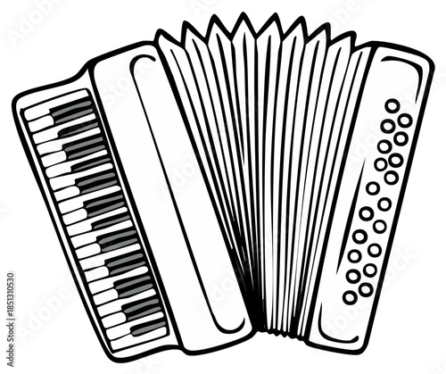 A classic piano accordion musical instrument shown in a simple black and white line art illustration