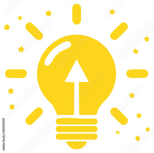 Bright yellow light bulb with an upward arrow symbolizing a new idea and inspiration glowing brightly