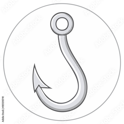 Simple illustration of a fishing hook within a circle outline in monochrome style