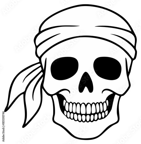 Skull wearing bandana with grinning teeth, black and white illustration
