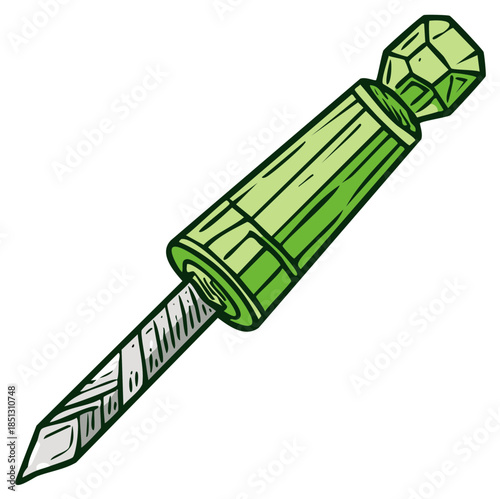 Green cartoon flathead screwdriver with a stylized faceted crystal handle vector illustration