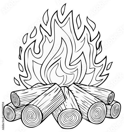 Illustration of a campfire with burning logs and flames in black and white outline style