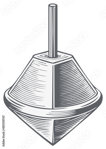 Vintage spinning top toy illustration in a classic monochrome engraving style