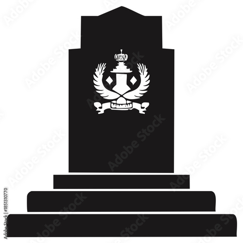 Symbolic Crest Stone Monument with Emblem of Crown, Wings, and Banner Silhouette