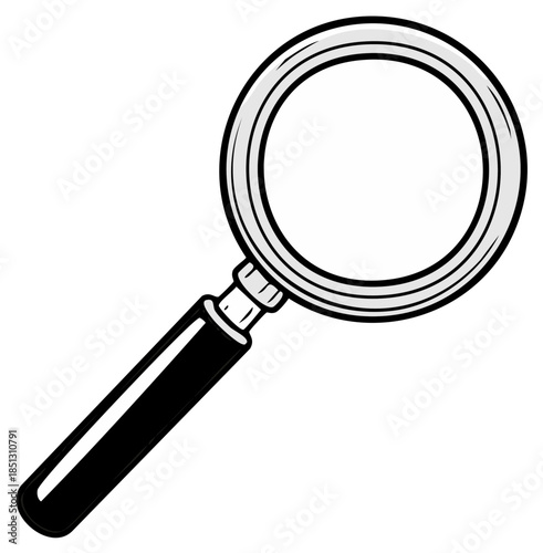 Magnifying glass illustration with black handle and transparent lens, isolated