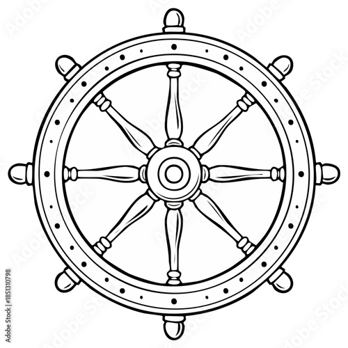 Vintage ship wheel helm black and white line art illustration nautical steering symbol