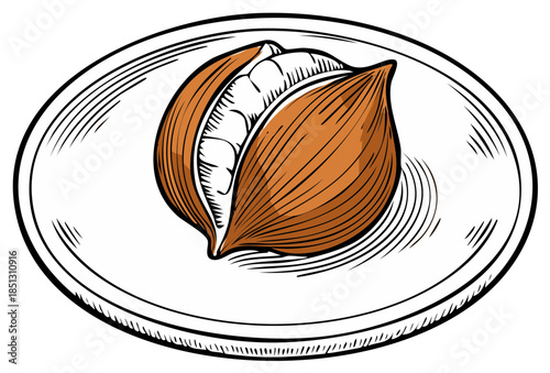 Engraved Illustration of Open Salak Fruit on Oval Plate. Nutritious Exotic Food in Hand Drawn Style.