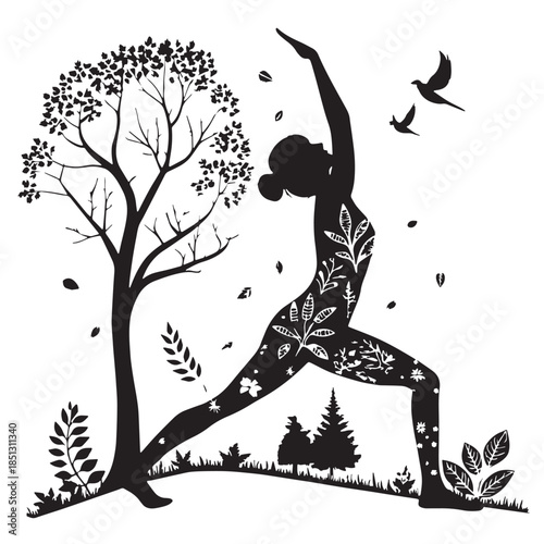 Black Yoga with Nature Silhouette Vector, High Quality Illustration on White Background