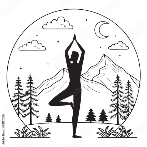 Black Yoga with Nature Silhouette Vector, High Quality Illustration on White Background