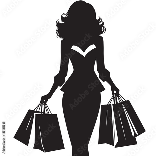Black Woman with Shopping Bags Silhouette Vector, High Quality Illustration on White Background