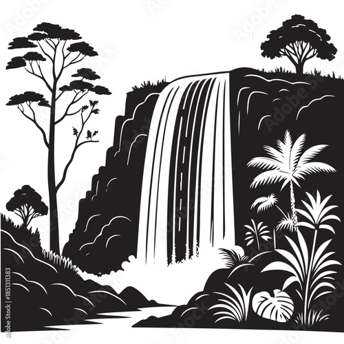 Black Waterfall in Jungle Silhouette Vector, High Quality Illustration on White Background