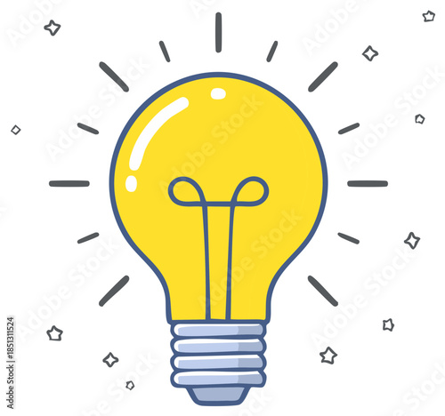 Bright yellow light bulb glowing with rays and stars signifying inspiration and innovation