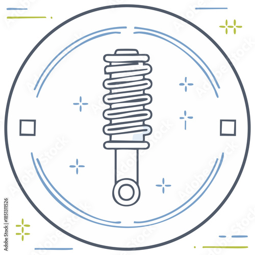 Clean line art of a shock absorber enclosed within a circular frame featuring star and square accents in muted blue and green tones for graphic applications