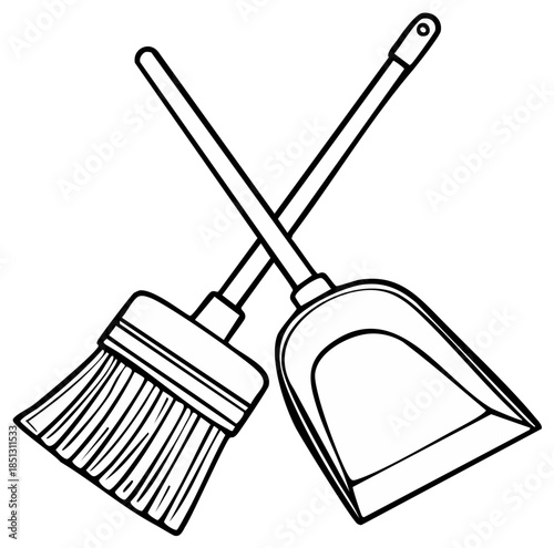 Simple Line Art Illustration of a Broom and Dustpan Crossed Together for Cleaning