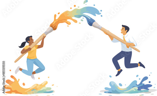 A dynamic illustration shows two people leaping toward each other while swinging giant paintbrushes, splashing colorful paint to symbolize creativity, collaboration, and shared energy.