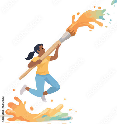 A dynamic illustration shows a person leaping while swinging an oversized paintbrush, splashing vibrant paint to express creativity and artistic energy