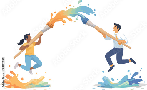 A lively illustration shows two people leaping toward each other while swinging oversized paintbrushes, creating a colorful splash that symbolizes creative collaboration and shared imagination