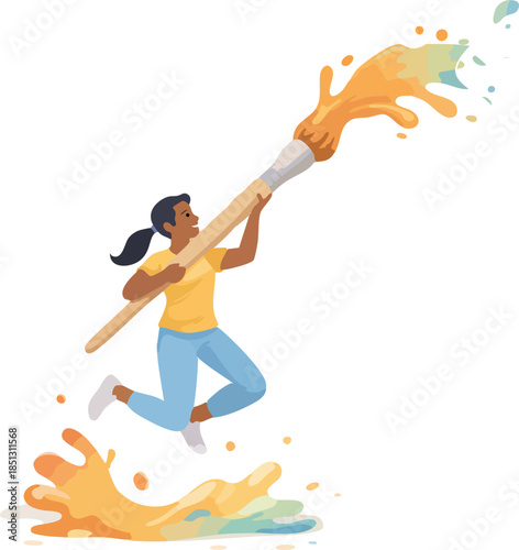A dynamic illustration shows a person leaping while swinging an oversized paintbrush, splashing vibrant paint to express creativity and artistic energy
